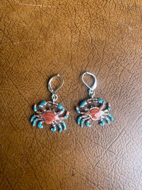 Silver Crab Drop Earrings with Coral and Turquoise Accents